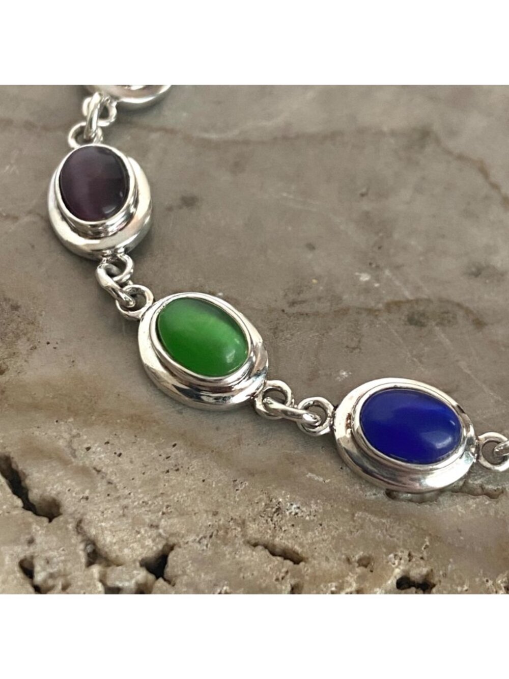 Sterling Silver 925 Multi Colored Oval Cats Eye Link Station Bracelet Sz 7.75" - Picture 13 of 16